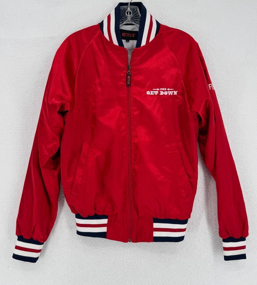 Netflix The Get Down Mens Red Satin Full Zip Bomber Jacket Sz S